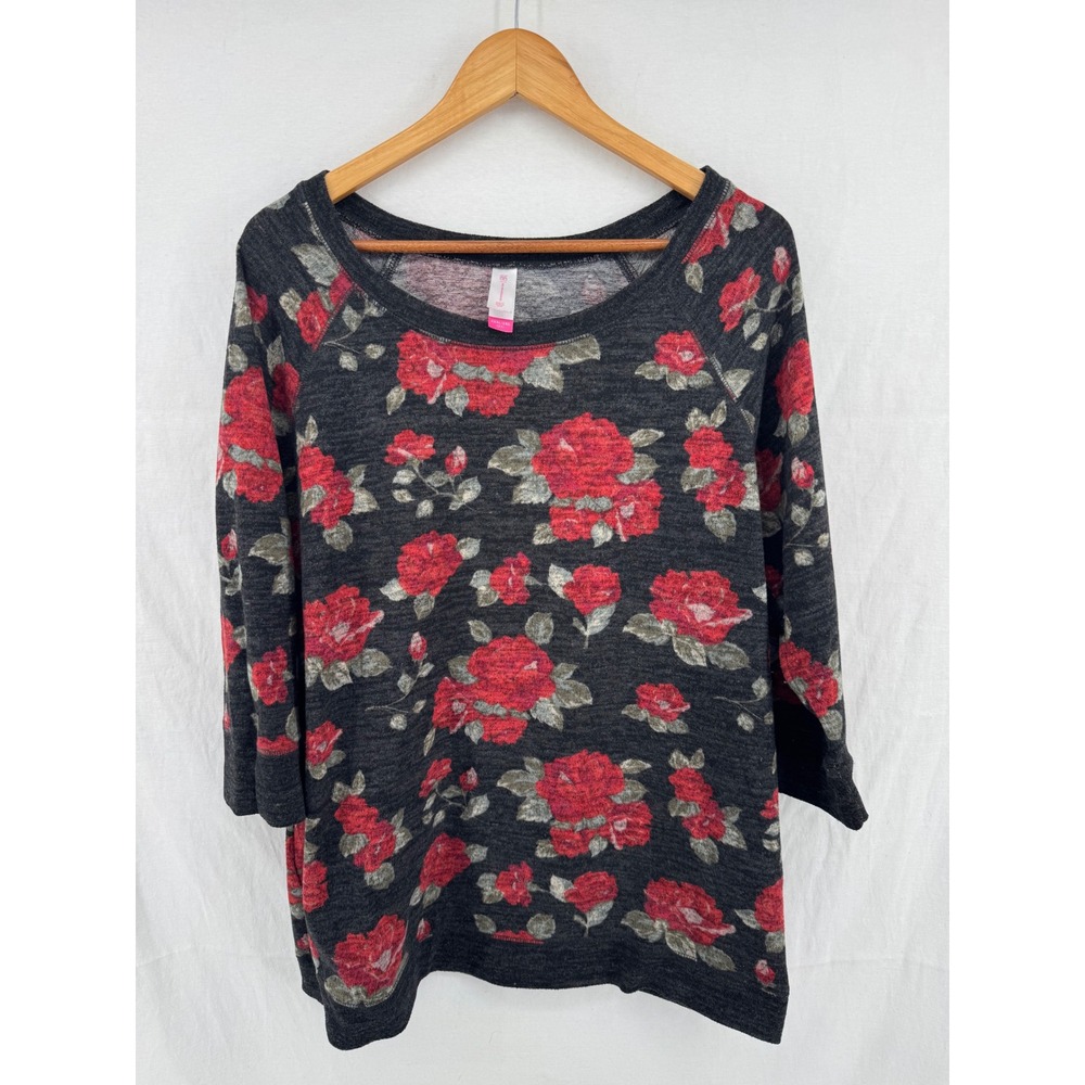 No Boundaries Women 3XL Black Floral Rose Raglan 3/4 Sleeve Knit Top NJ48T242M